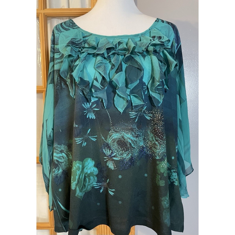 80s Dress Barn Floral Top 3X Ruffles Beads Green Flutter Sleeve Boho USA Made